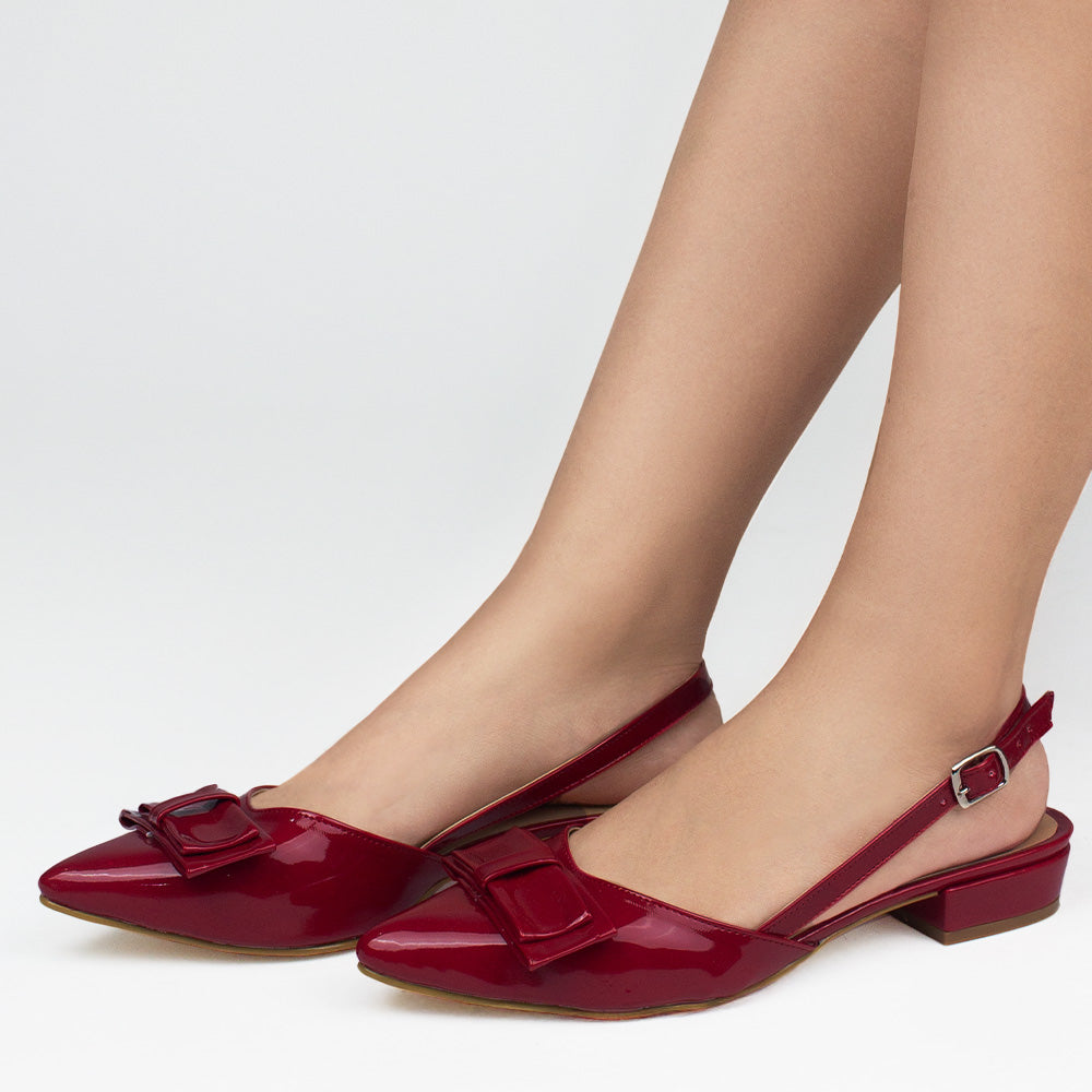 Zapatillas rojas puntales con moño y tacón bajo de 3cm para mujer