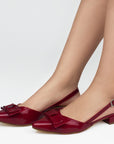 Zapatillas rojas puntales con moño y tacón bajo de 3cm para mujer