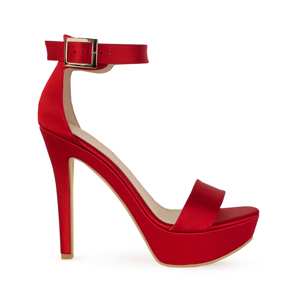 Vista lateral de zapatilla color rojo para mujer con tacon alto