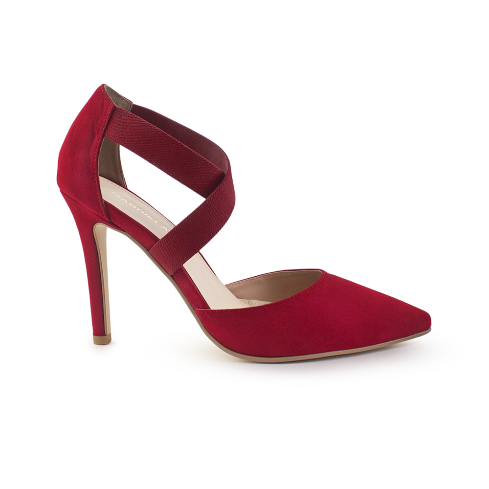 Vista lateral de zapatilla roja con tacon 10cm delgado para mujer