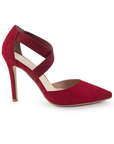 Vista lateral de zapatilla roja con tacon 10cm delgado para mujer