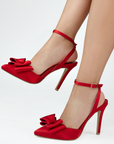 Zapatillas rojas para mujer con moño y tacón delgado alto 11cm