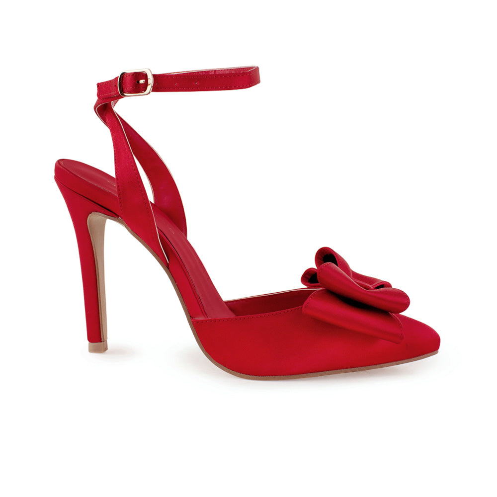 Vista lateral de zapatilla roja para mujer con tacon delgado alto 11cm con moño 