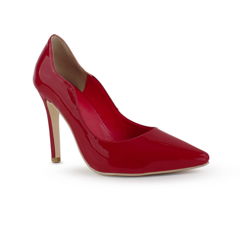 Vista diagonal de zapatillas para mujer puntales con tacón delgado 10cm en color roja 