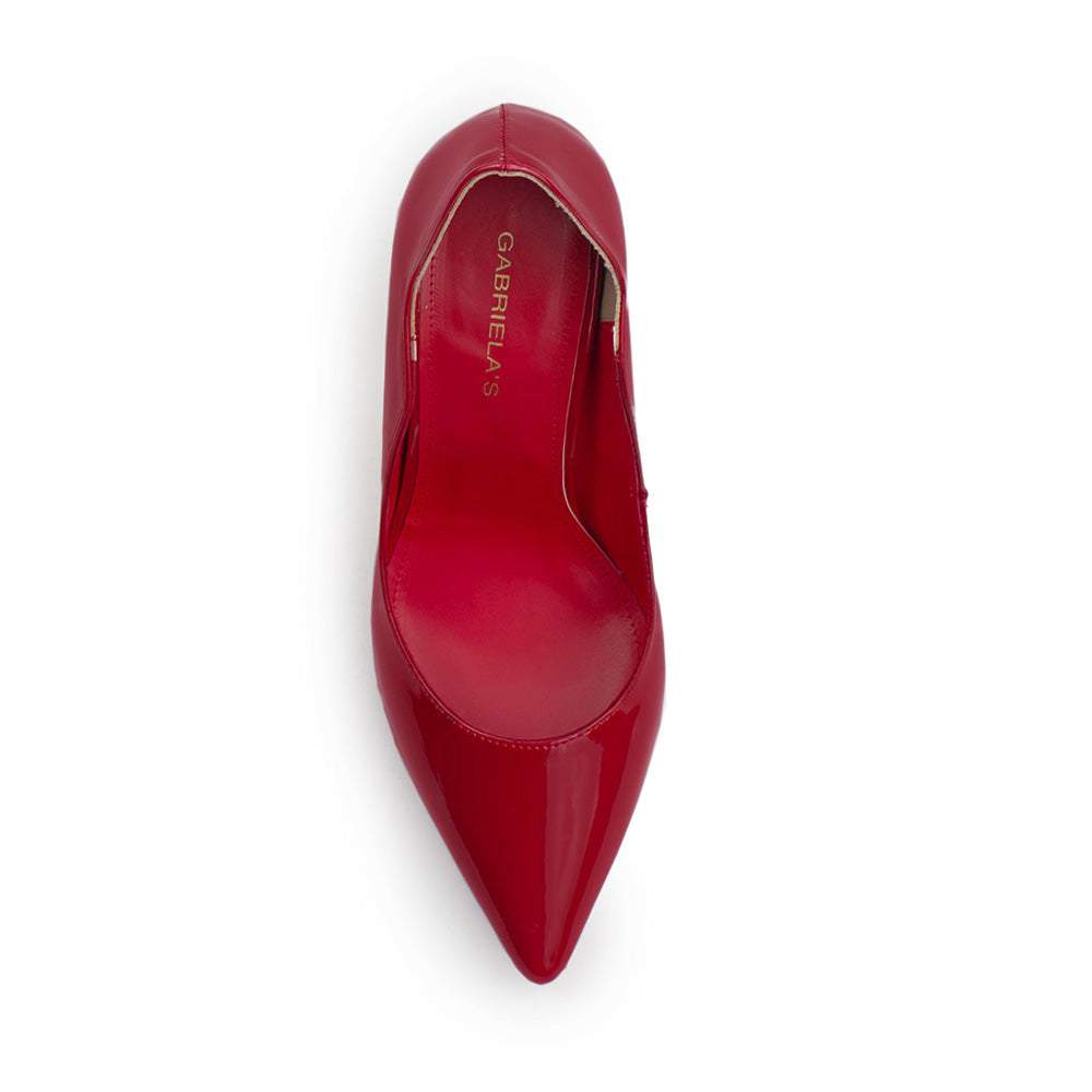 Vista superior de zapatilla roja para mujer con punta fina tipo stiletto