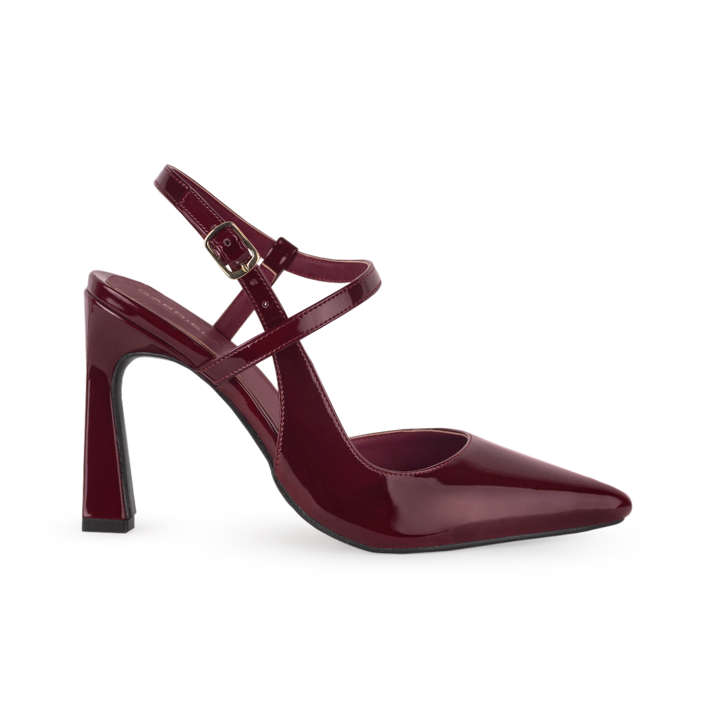Vista lateral de zapatilla vino para mujer puntal con tacon escultural de 10cm