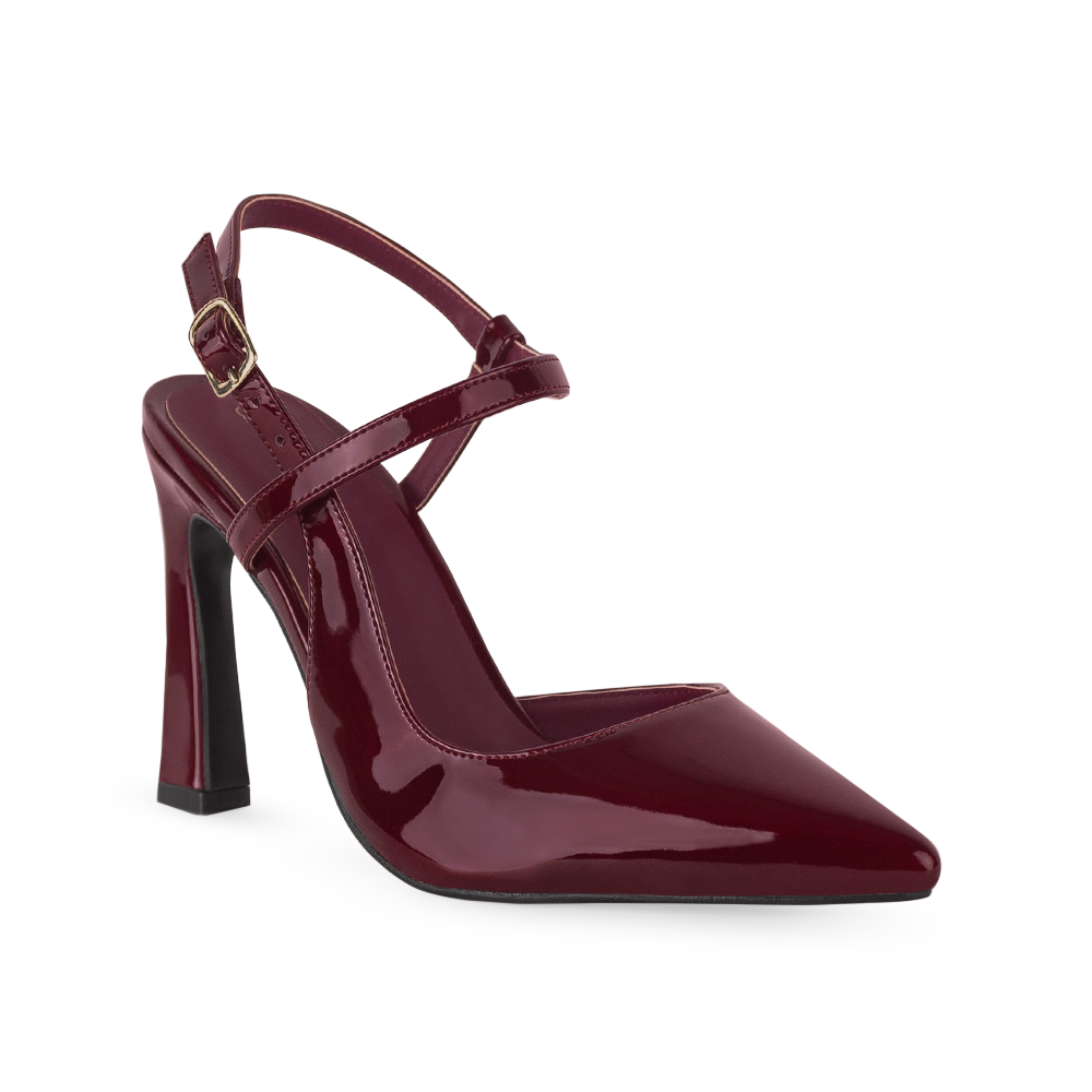 Vista diagonal de zapatilla vino puntal para mujer con tacón de 10cm