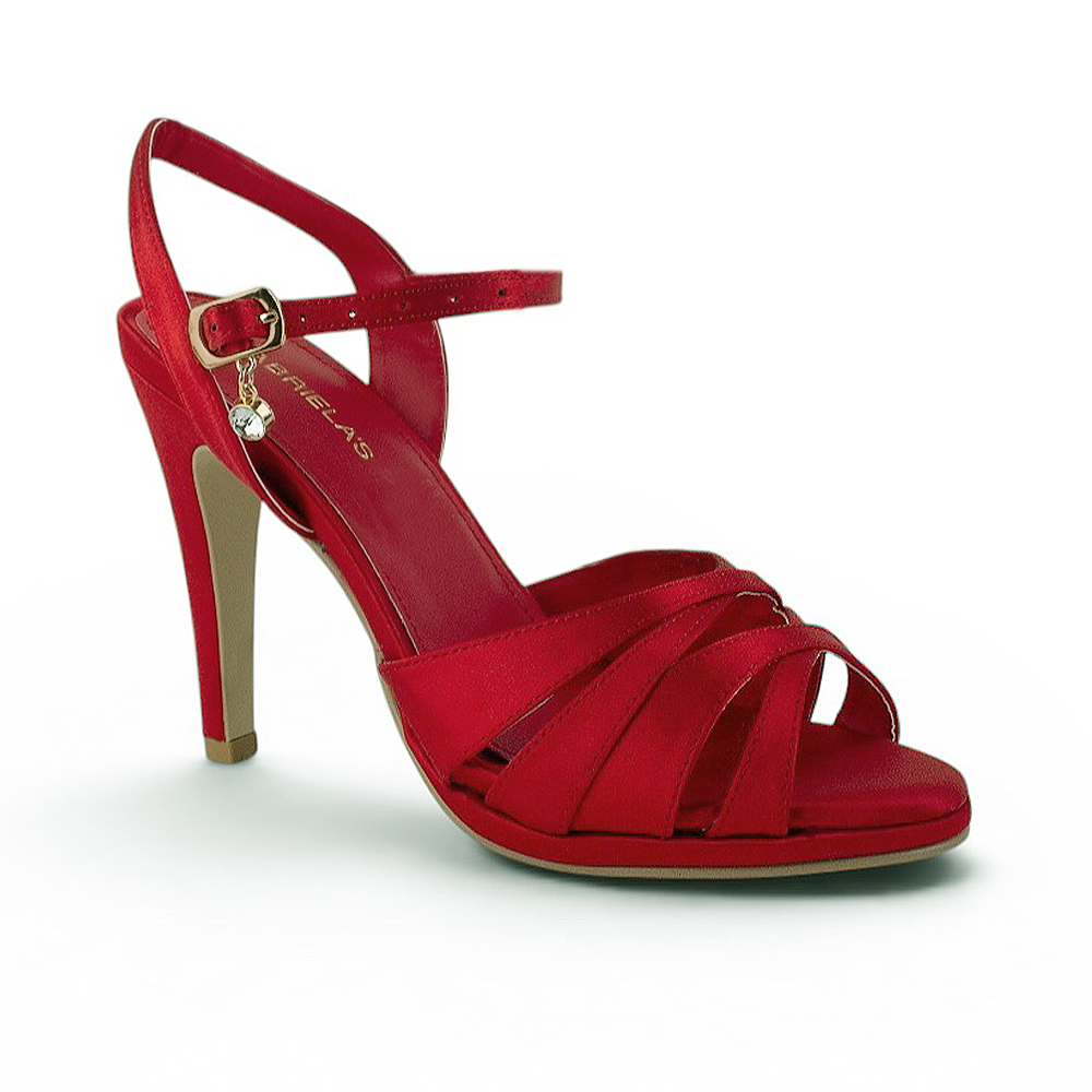 Vista diagonal de zapatilla roja para mujer con tiras cruzadas y tacón 
