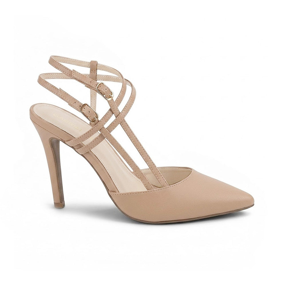 Vista lateral de zapatillas maquillaje para mujer con doble pulsera y tacón 