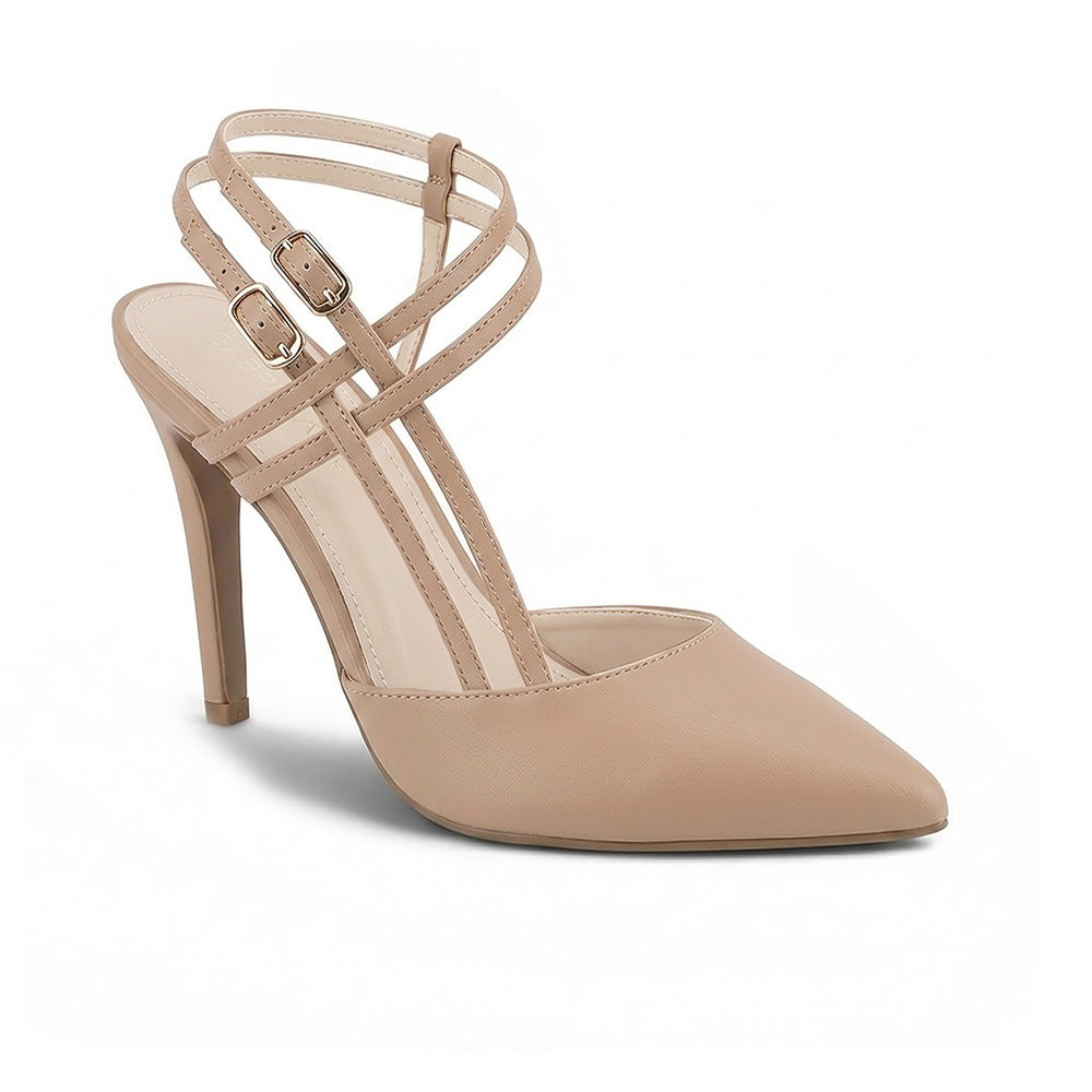 Vista diagonal de zapatilla maquillaje con doble pulsera para mujer de tacón medio  