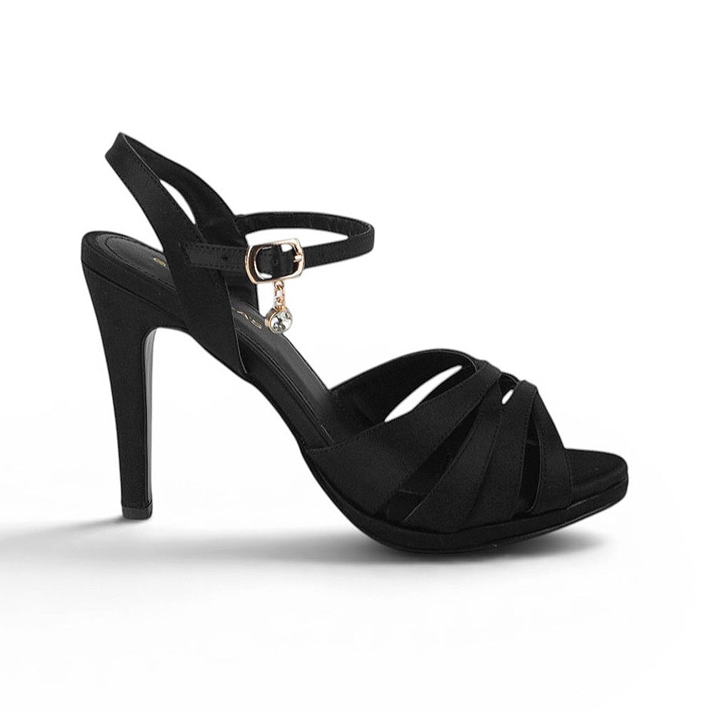 Vista lateral de zapatillas negras con tacón para mujer y tiras cruzadas 