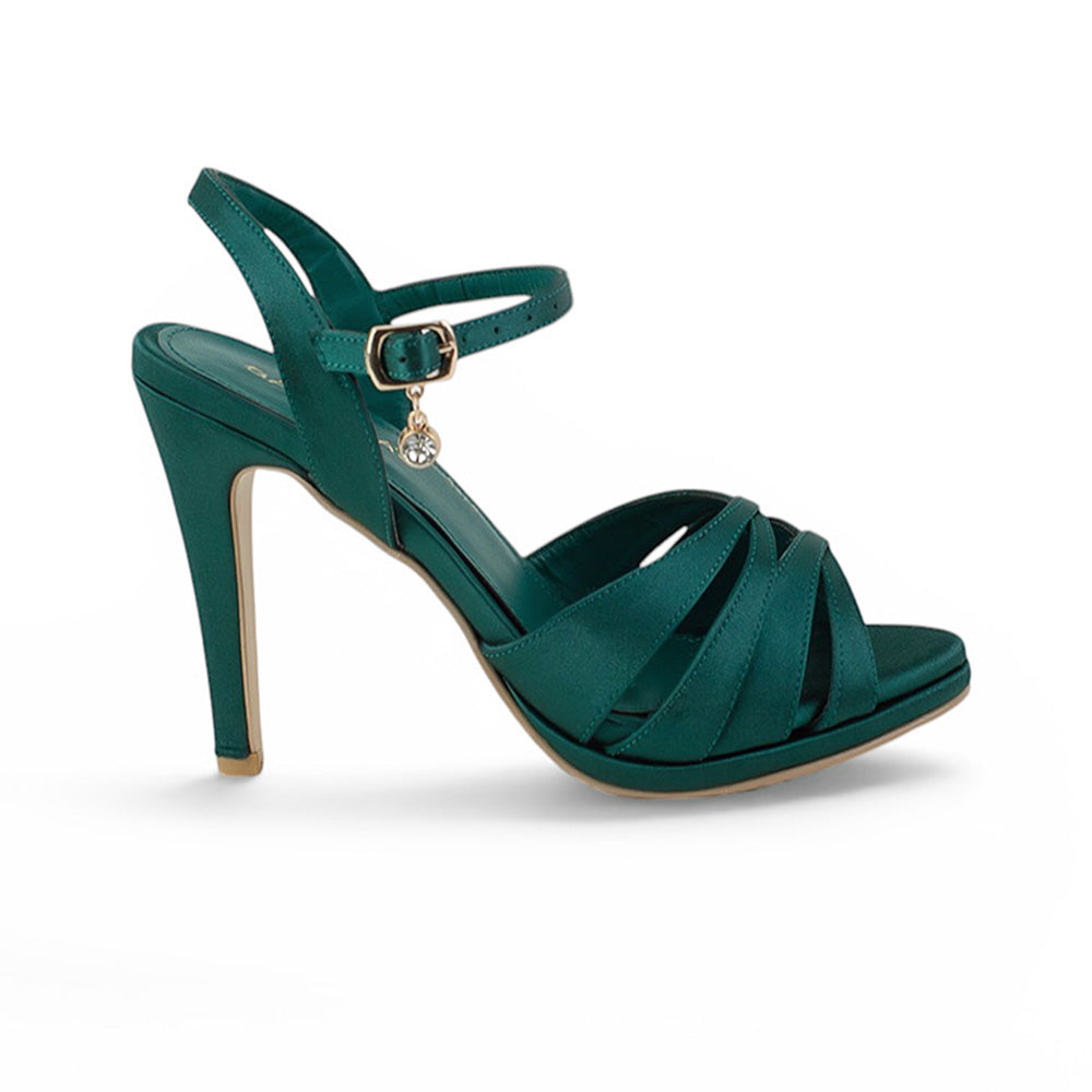 Vista lateral de zapatilla verde con tacon para mujer y tiras cruzadas